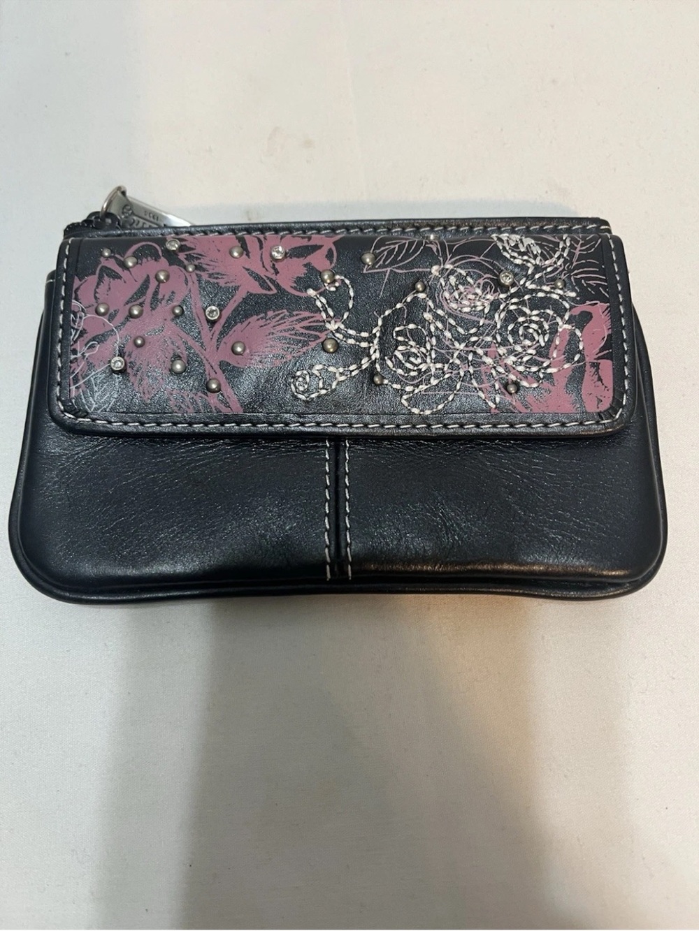 Fossil Black Leather change purse with Pink Floral Stud Accents